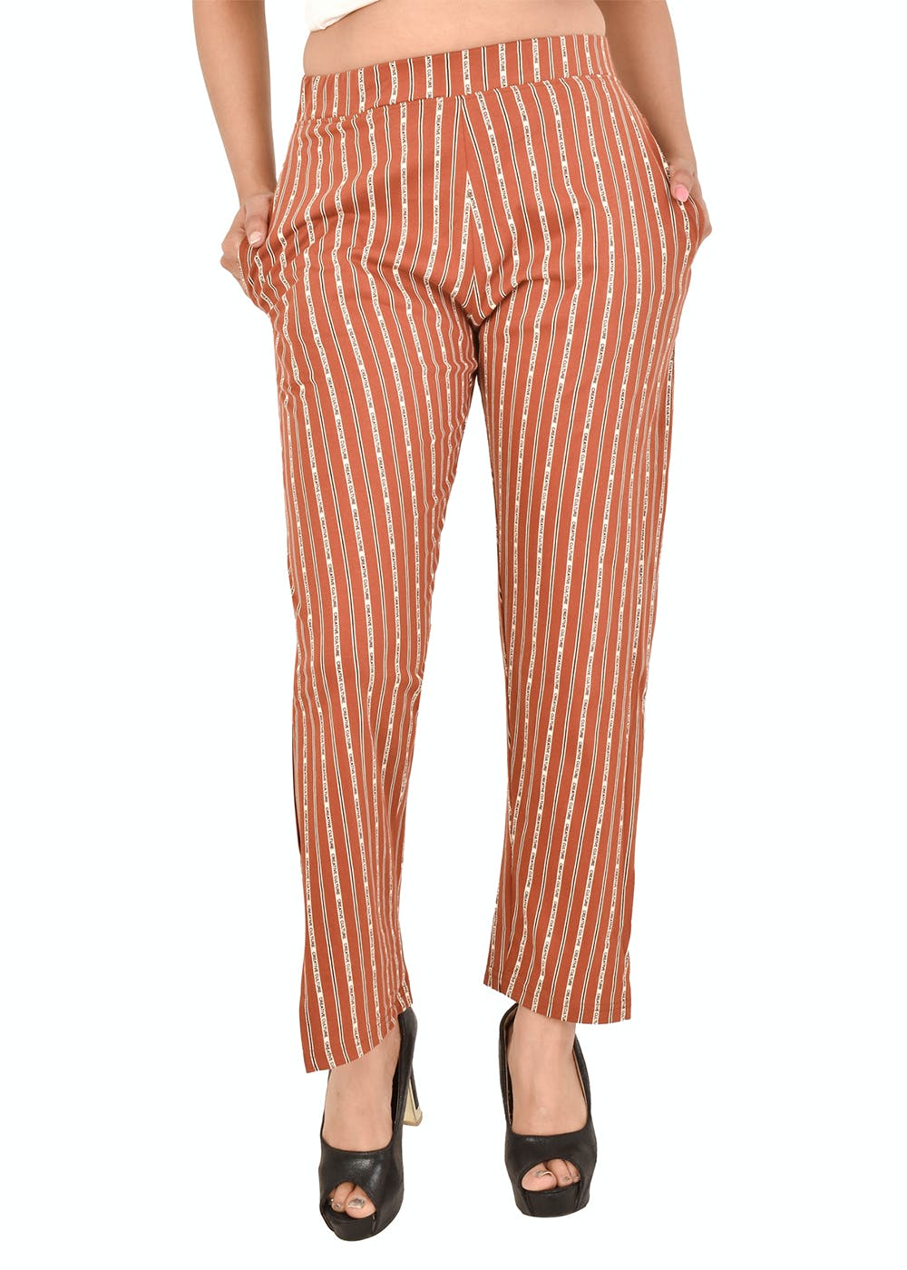 Red & Beige Striped Casual Pants