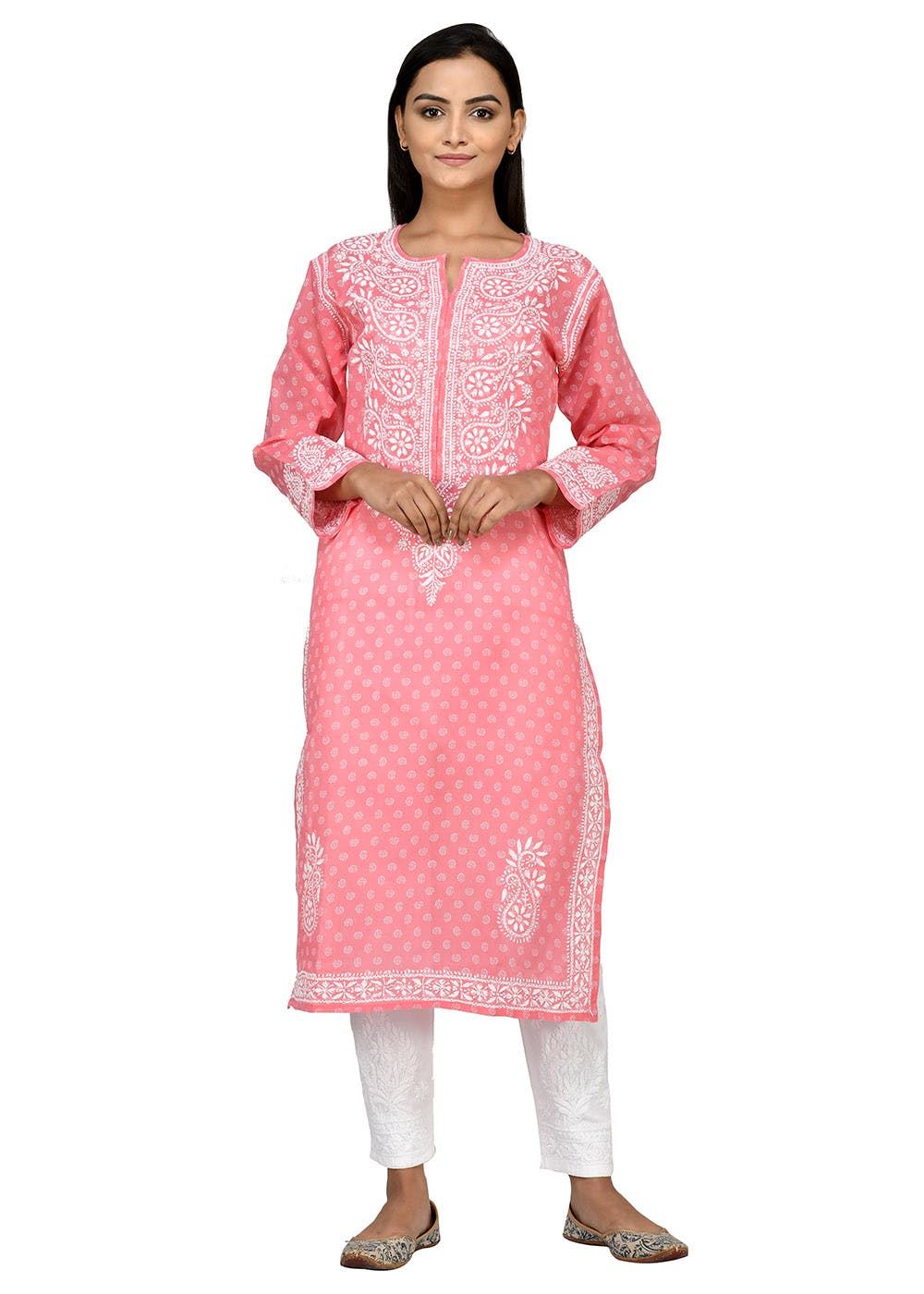 Get Peach Printed Cotton Chikankari Kurta At ₹ 2150 Lbb Shop 9299