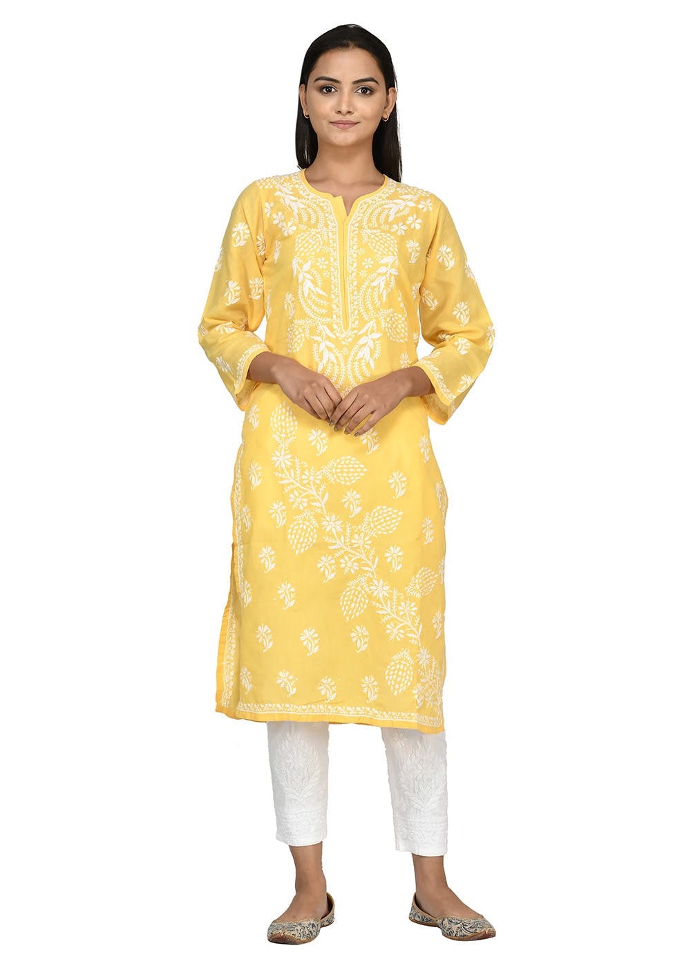 Get Cotton Chikankari Kurat - Yellow at ₹ 1750 | LBB Shop