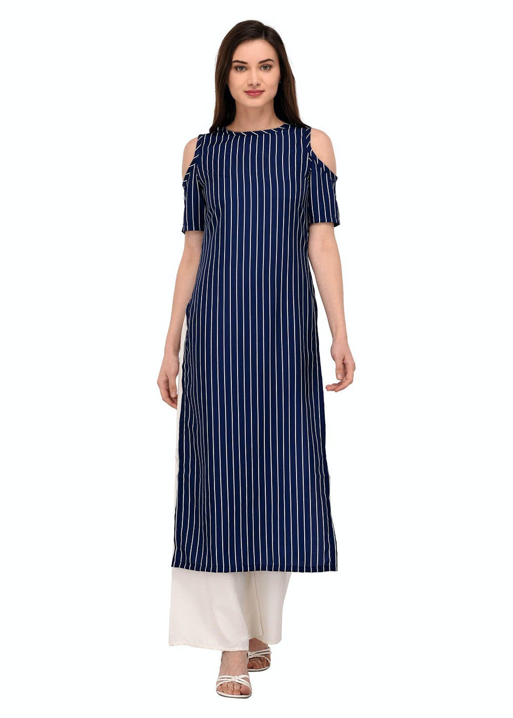 Get Cold Shoulder Detail Navy Striped Long Kurta at 999 LBB Shop