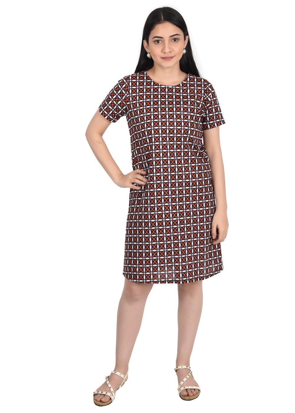 Two-Tone Printed Brown Shift Dress