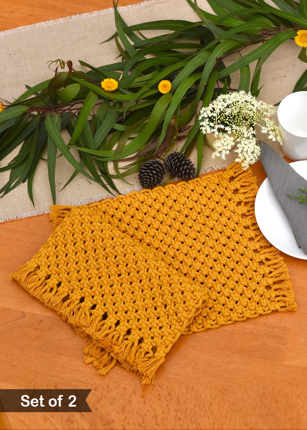 Get Yellow Cotton Macrame Rectangle Placemats Set of 2 at ₹ 1175 LBB Shop