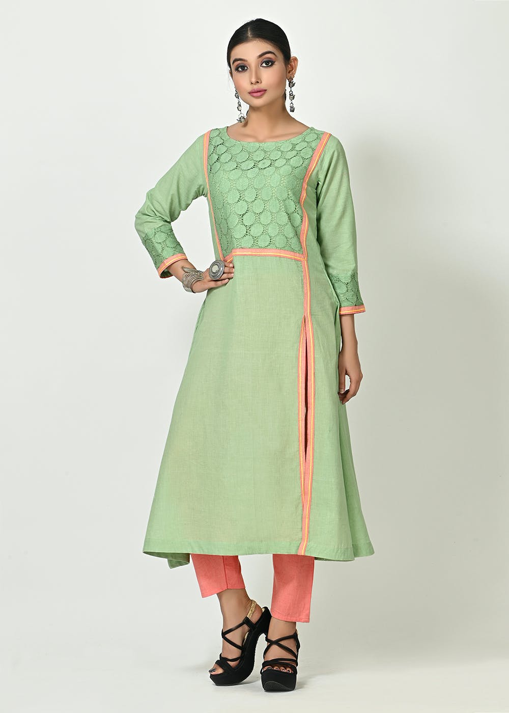Gown : Pista green georgette embroidered indowestern gown