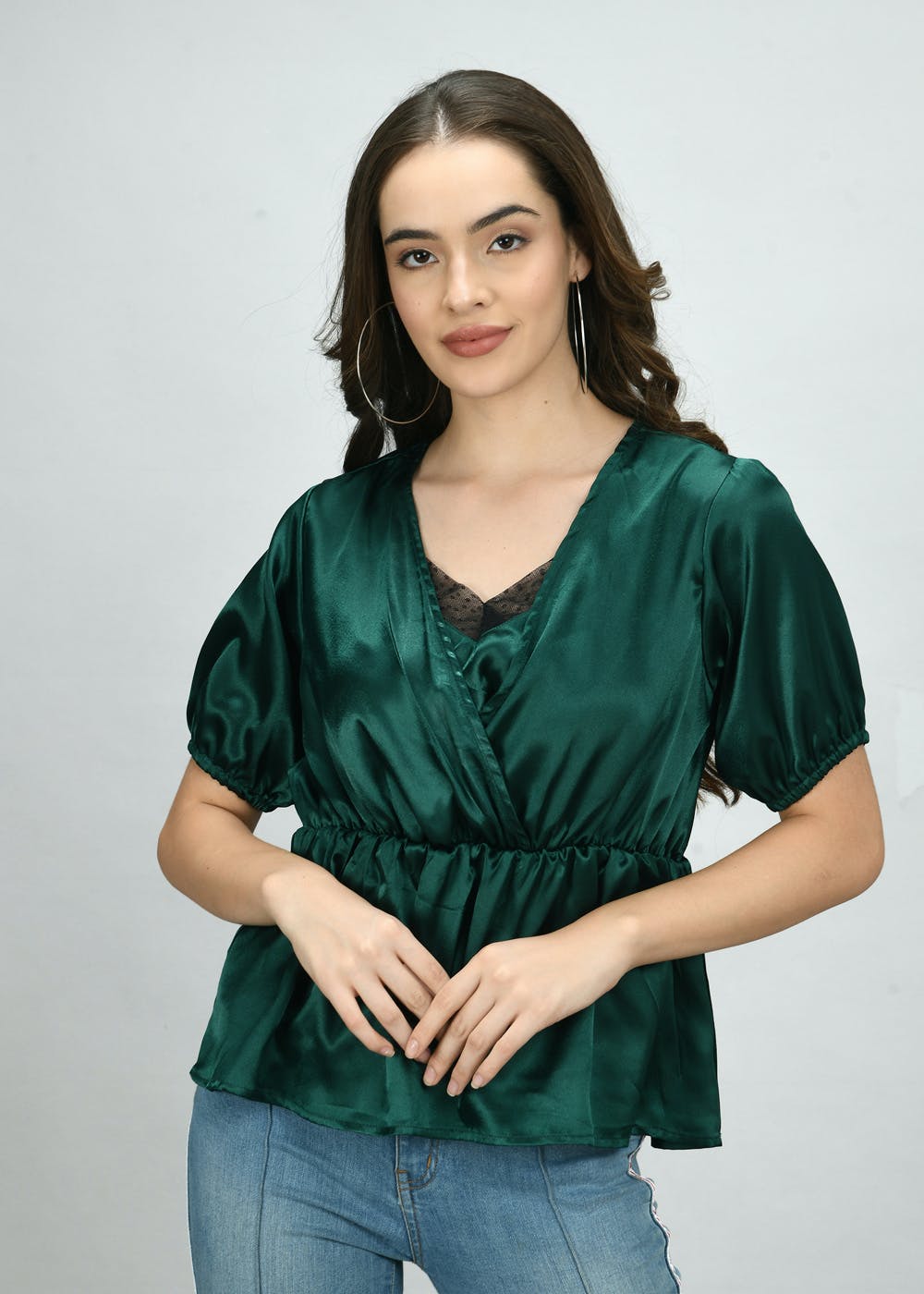 Get Elasticated Waist Detail Green VNeck Top at ₹ 1299 LBB Shop