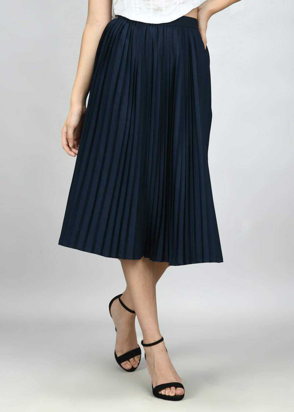 Solid Basic Pleated Skirt - Navy