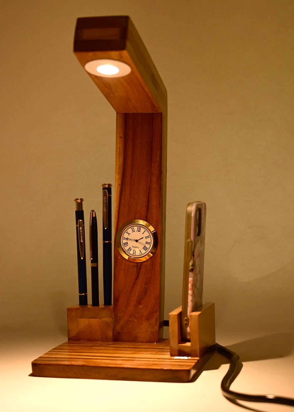 Get Solid Teak Wood Table Lamp With Clock And Organiser at ₹ 1899 | LBB ...