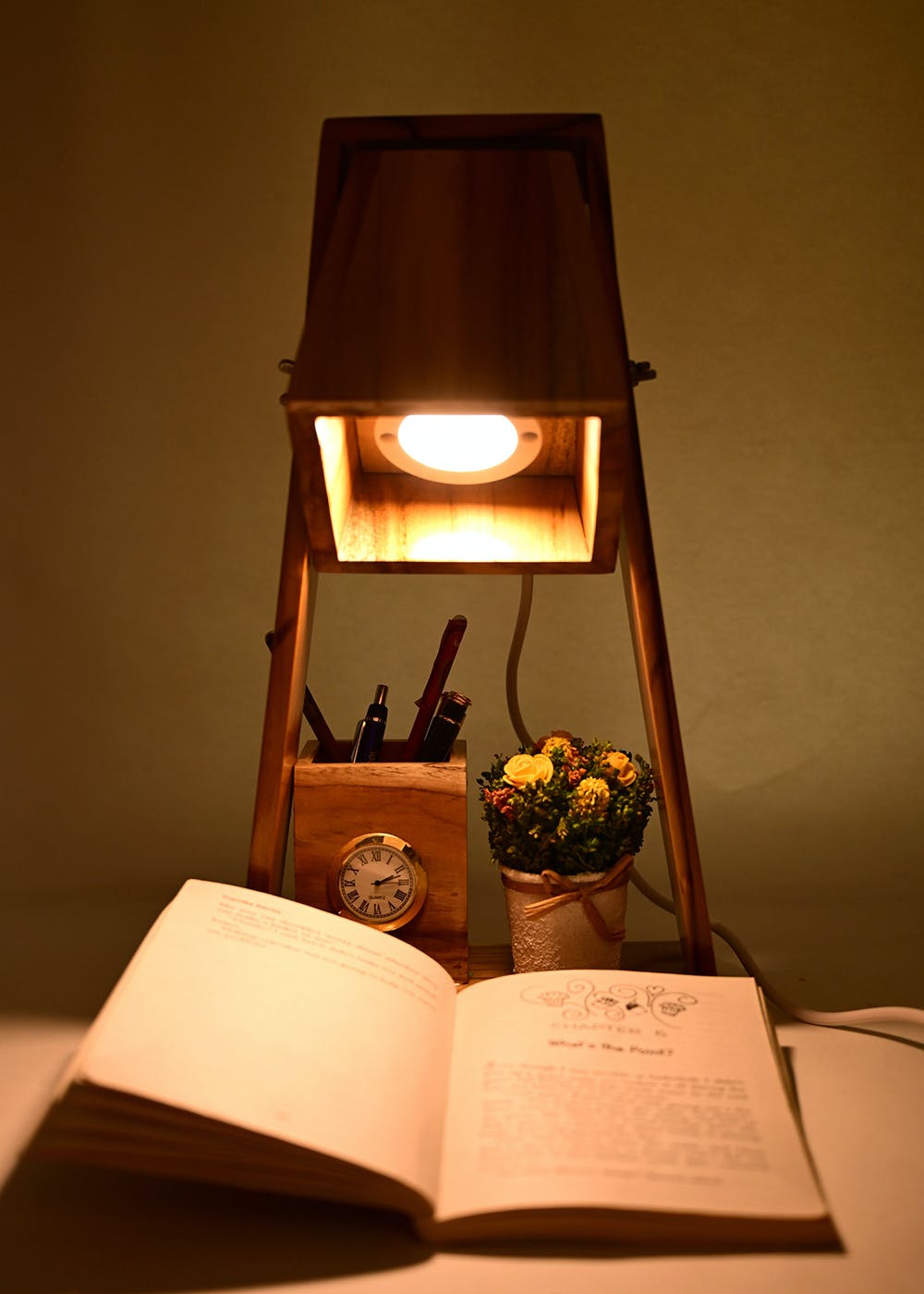 Get Rustic Teak Wood Table Lamp With Clock And Storage Organizer at ...