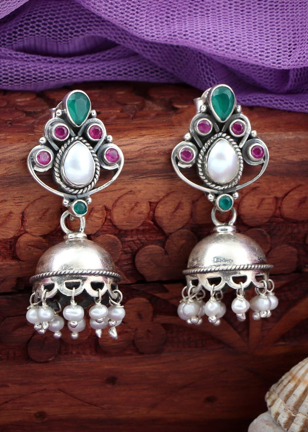 Get Pink & green Stone Basic Jhumkis at ₹ 3300 | LBB Shop