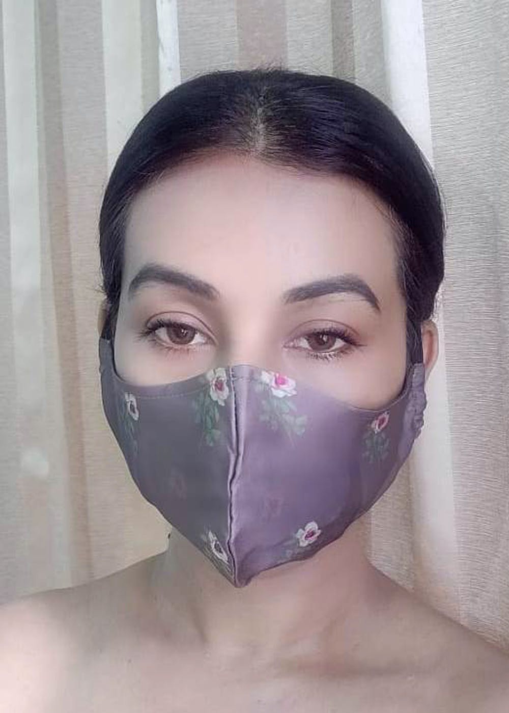 Grey Floral Satin Printed 3 Ply Face Mask