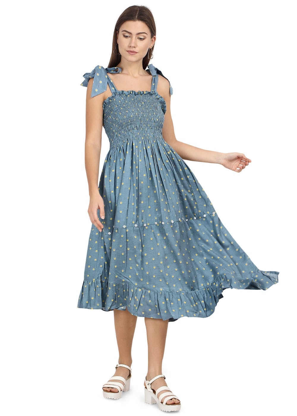 Shoulder Tie Detail Polka Dots Printed Blue Summer Dress