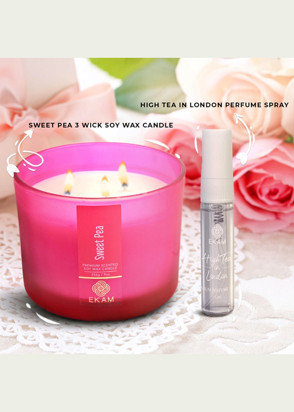 Get Rose 3 Wick Soy Wax Scented Candle & Evening In Santorini Perfume