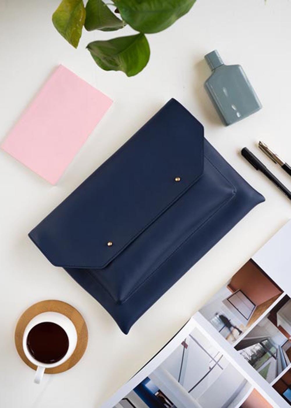 Solid Basic Leather Envelope Laptop Sleeve - Blue