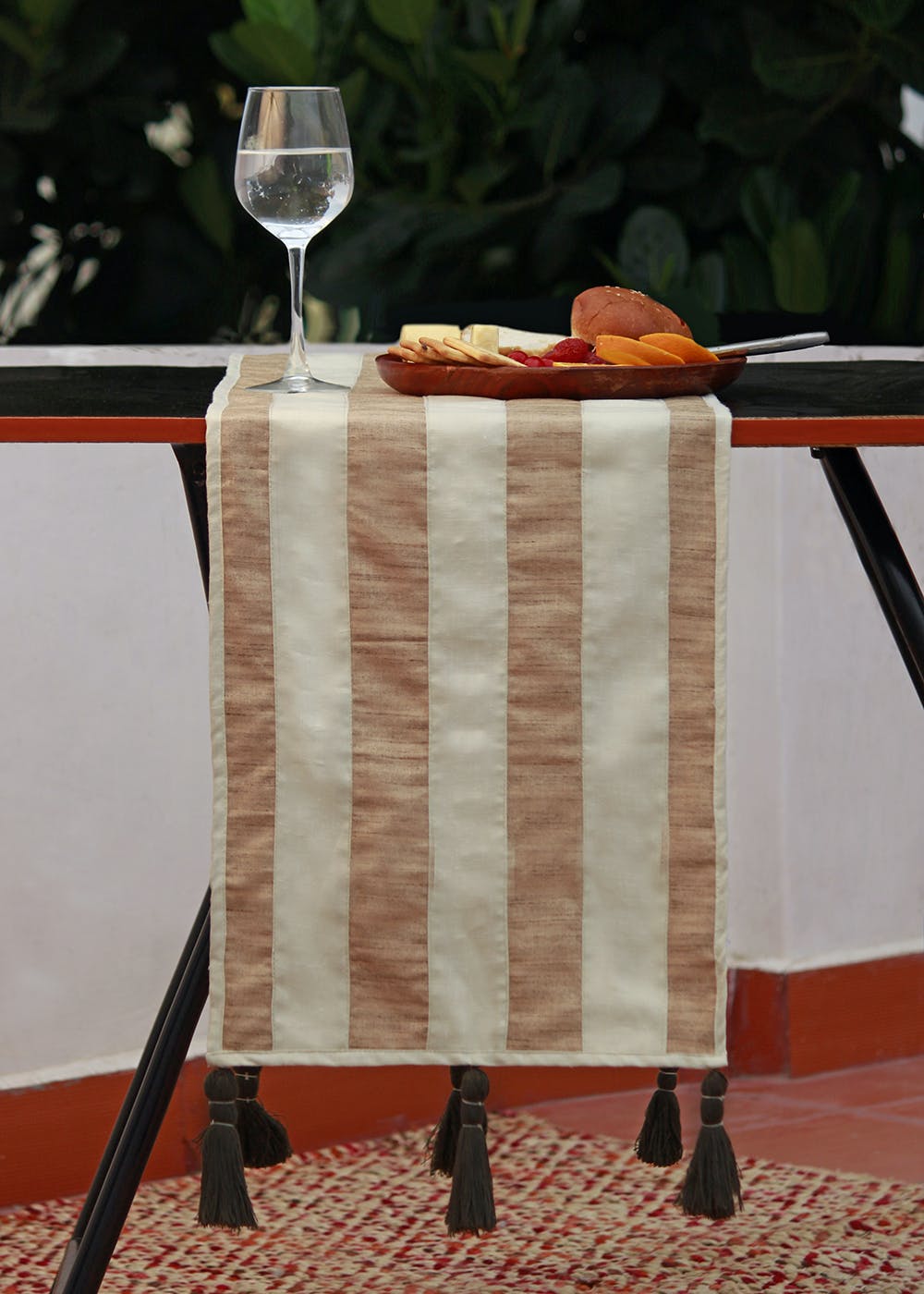 Embrace Pastel Green and Beige Striped Handmade Khadi Silk Table Runner