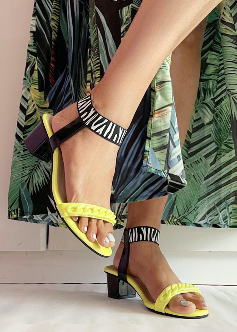 Zebra Print Yellow And Black Block Heel