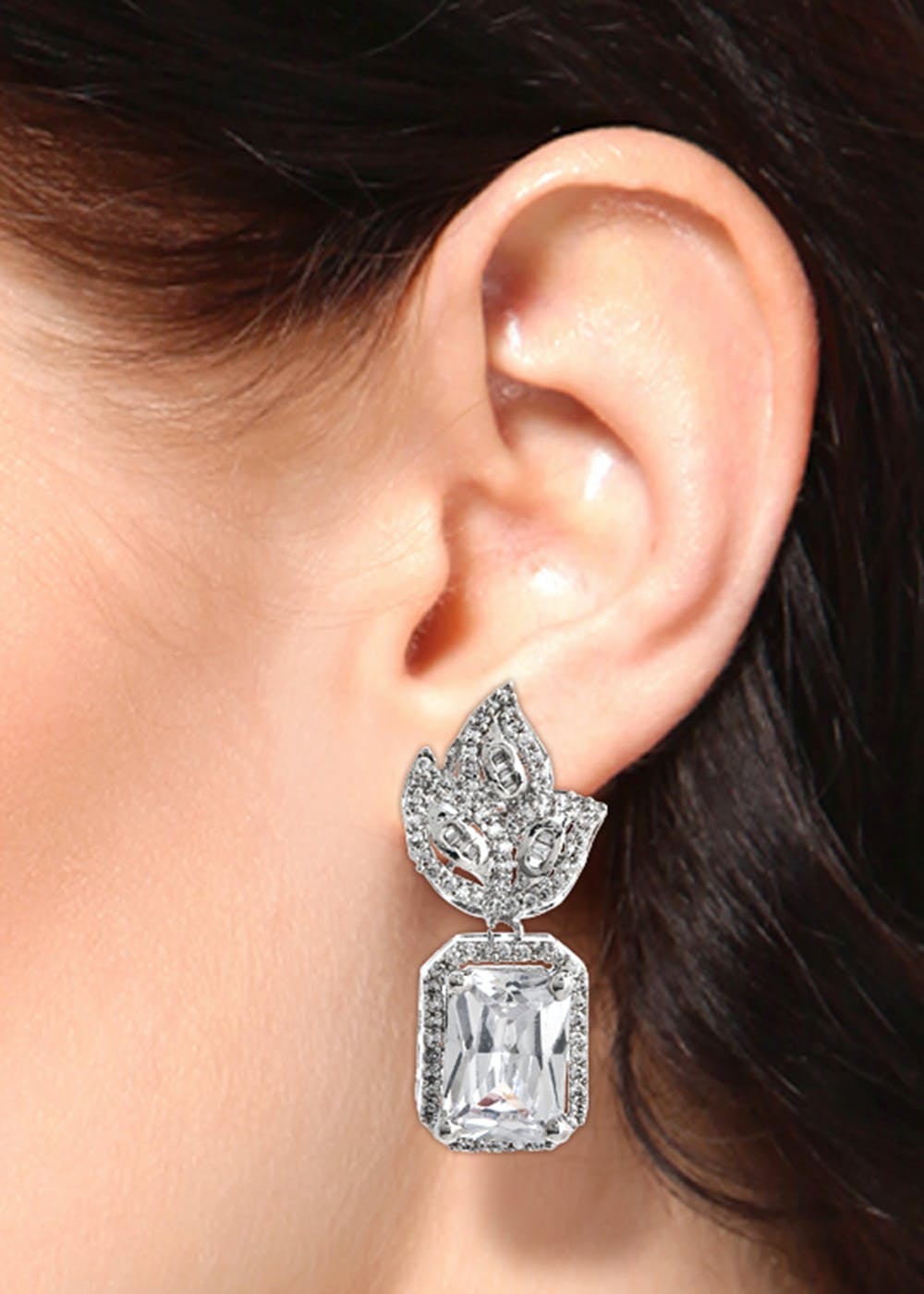 Rhodium Tone American Diamond Radiant Princess Cz Drop Earrings