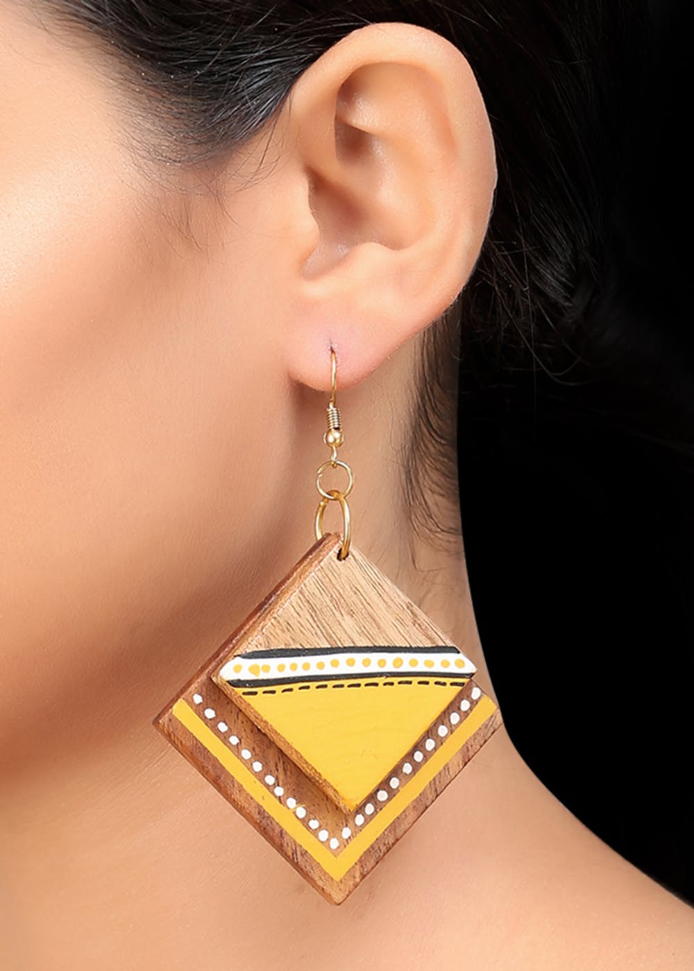 Handpainted Abstract Square Warli Wooden Earrings