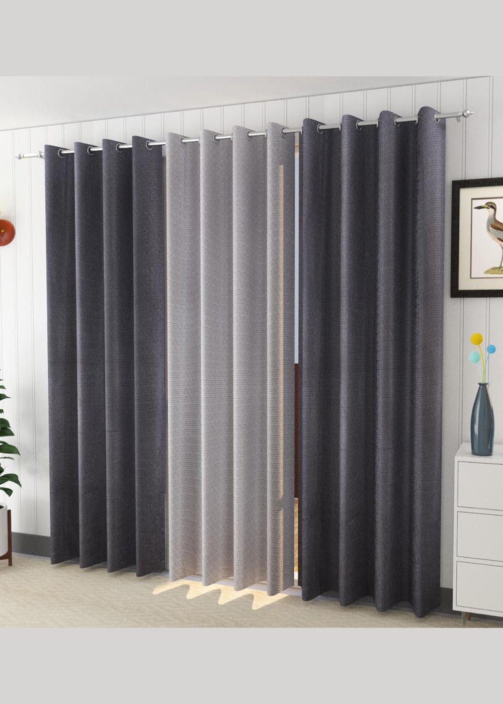 Grey Semi Sheer Polyester Eyelet Door Curtains - 7ft (Set of 3)