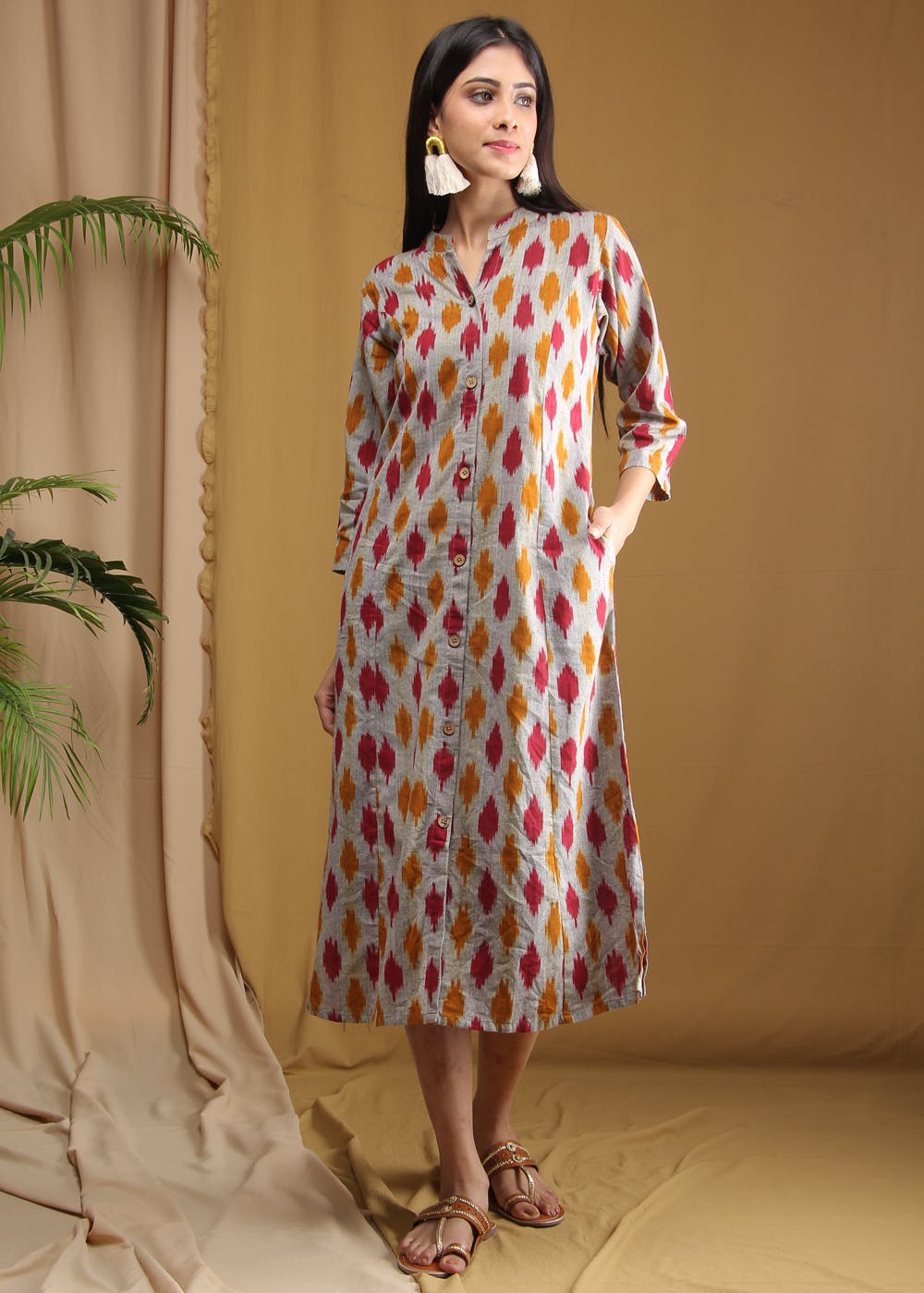 Two Tone Ikat Button Down A Line Dress