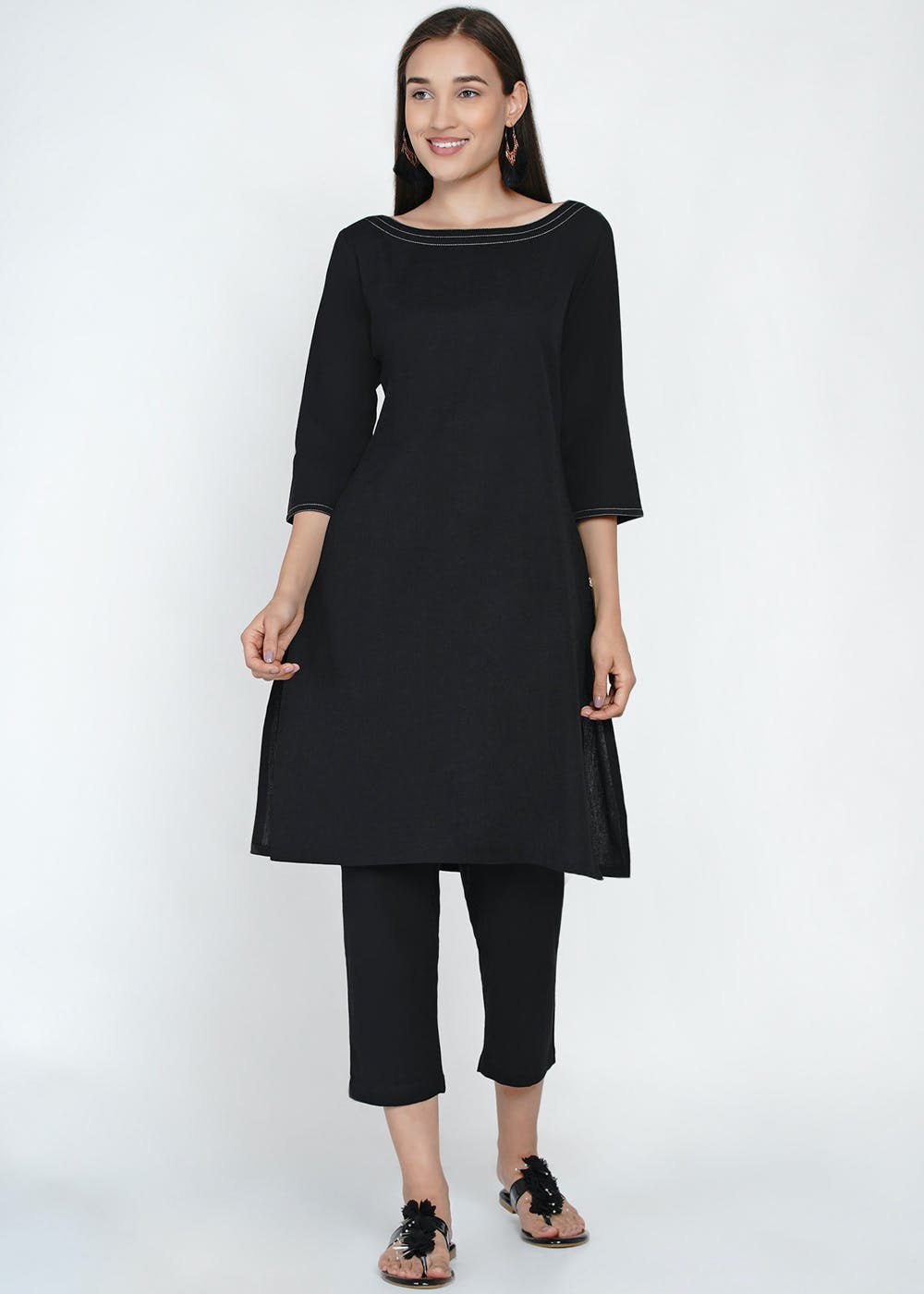 Black - Plain Flex Cotton Straight Kurta 01