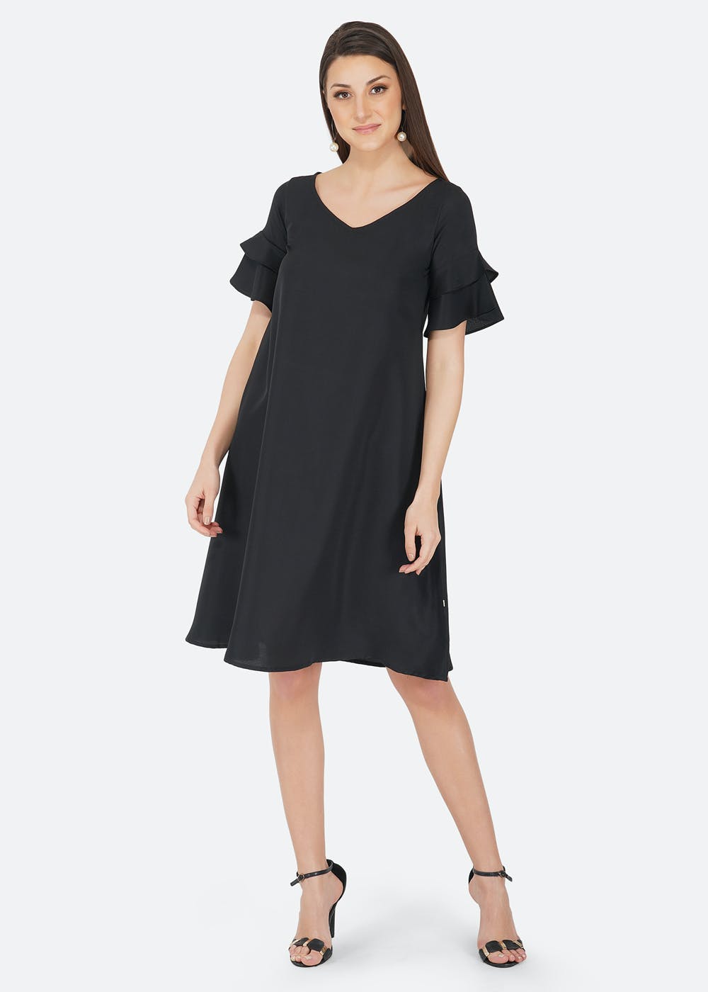 Get Black Crepe A-line Dress with Flounce Sleeves at ₹ 999 | LBB Shop