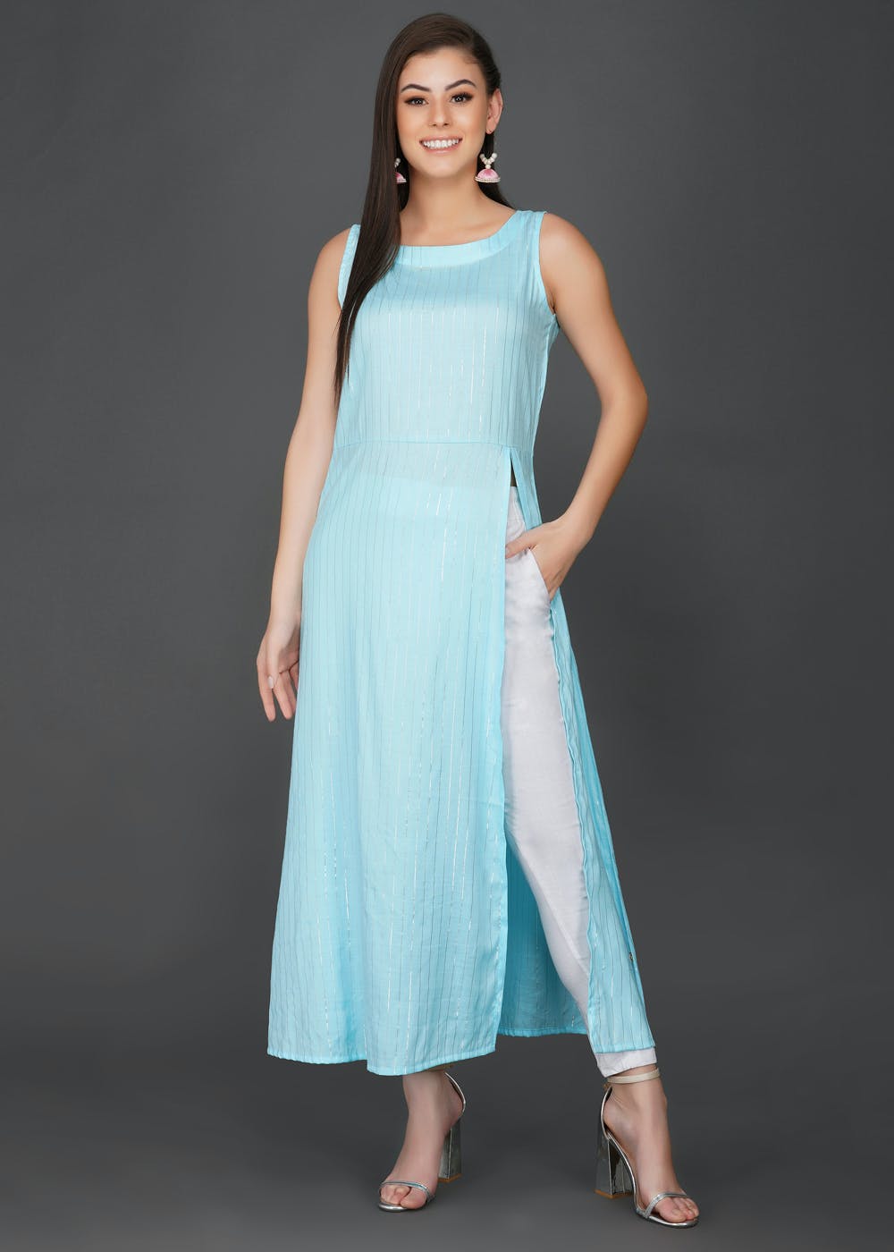 Get Side High Slits Detail Blue Striped Lurex Sleeveless Kurta at