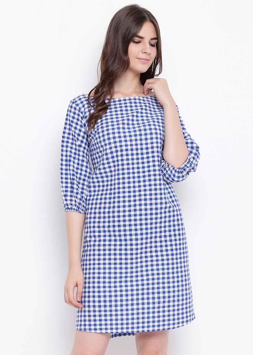 Navy windowpane cotton shift dress – Fabnest