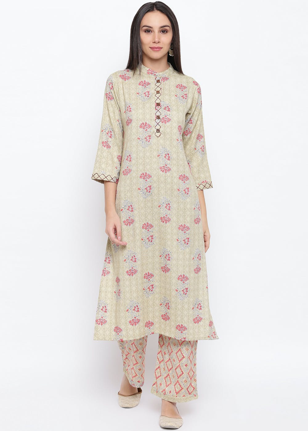 Get Floral Printed A-line Rayon Kurta With Printed Palazzo Set At 