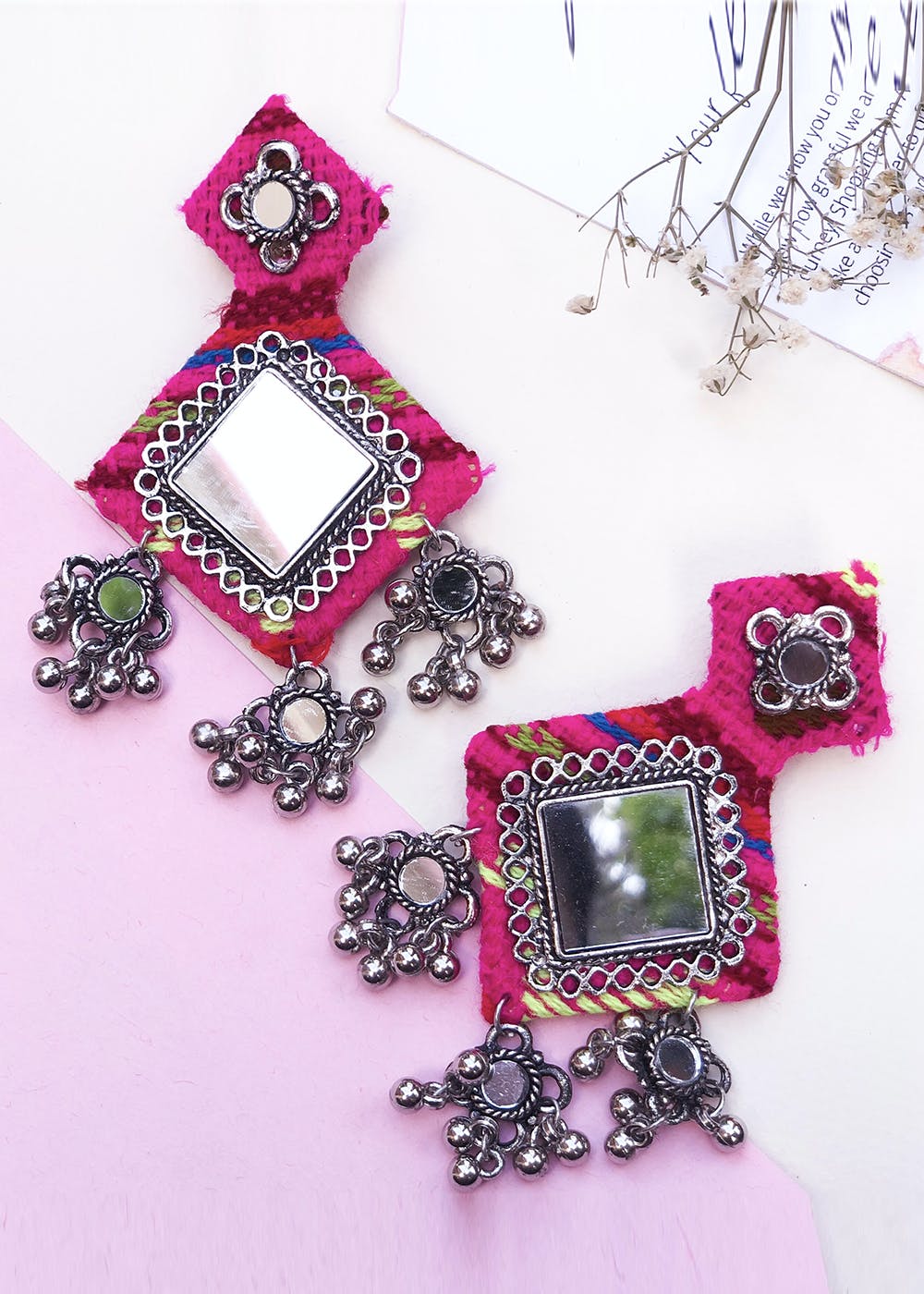 Pink - Banjara Embroidery Mirror Work Handmade Earrings 08