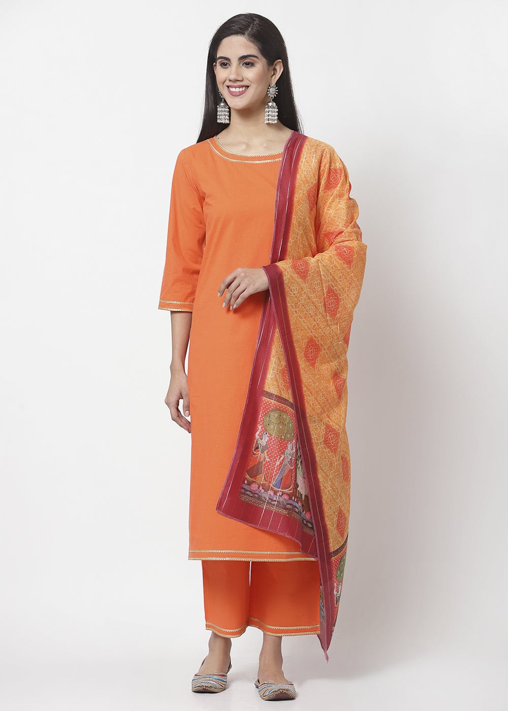 Rust Orange Ethnic Kurti Set for Women with Pants and Dupatta main image 0