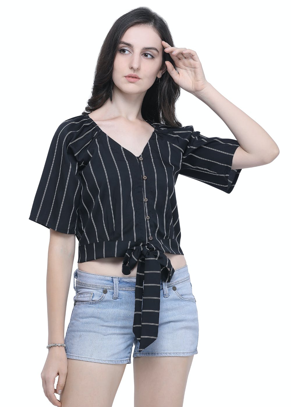 Get Hem Tie Detail Black Striped Crop Top at ₹ 549 | LBB Shop