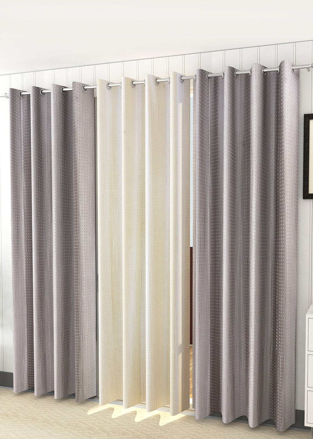Get Grey & OffWhite Curtains 9ft Set of 3 at ₹ 1799 LBB Shop
