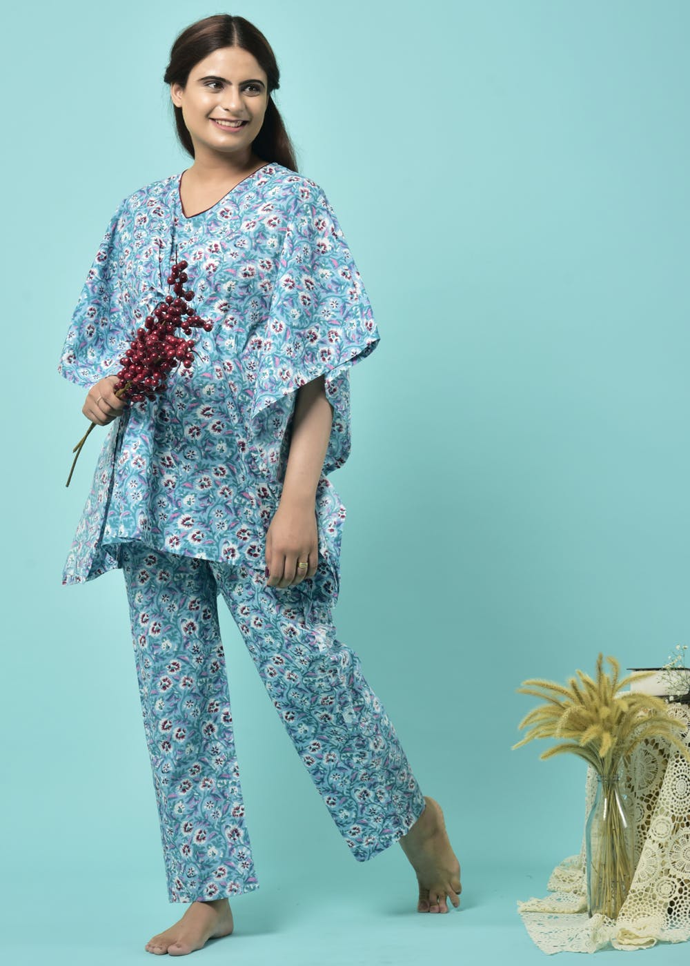 Floral Printed Blue Kaftan Nightsuit Pyjama Set