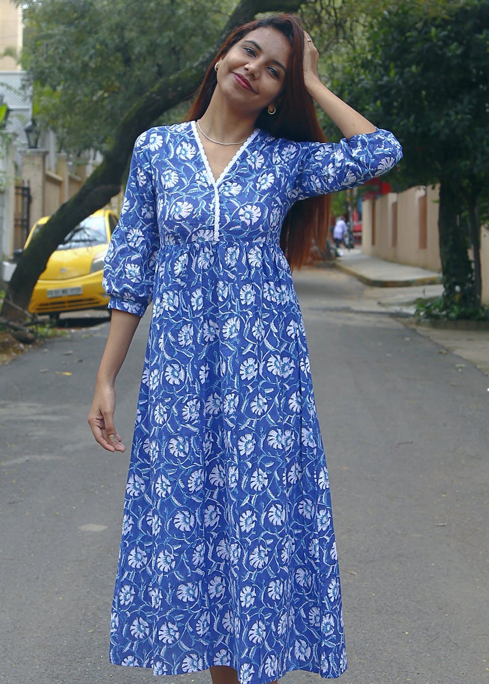 Get Handblock Floral Printed V-Neck Blue Dress at ₹ 1199 | LBB Shop