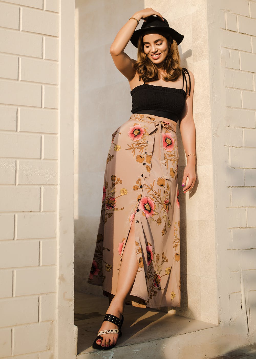 Floral Printed Beige Button Down Skirt