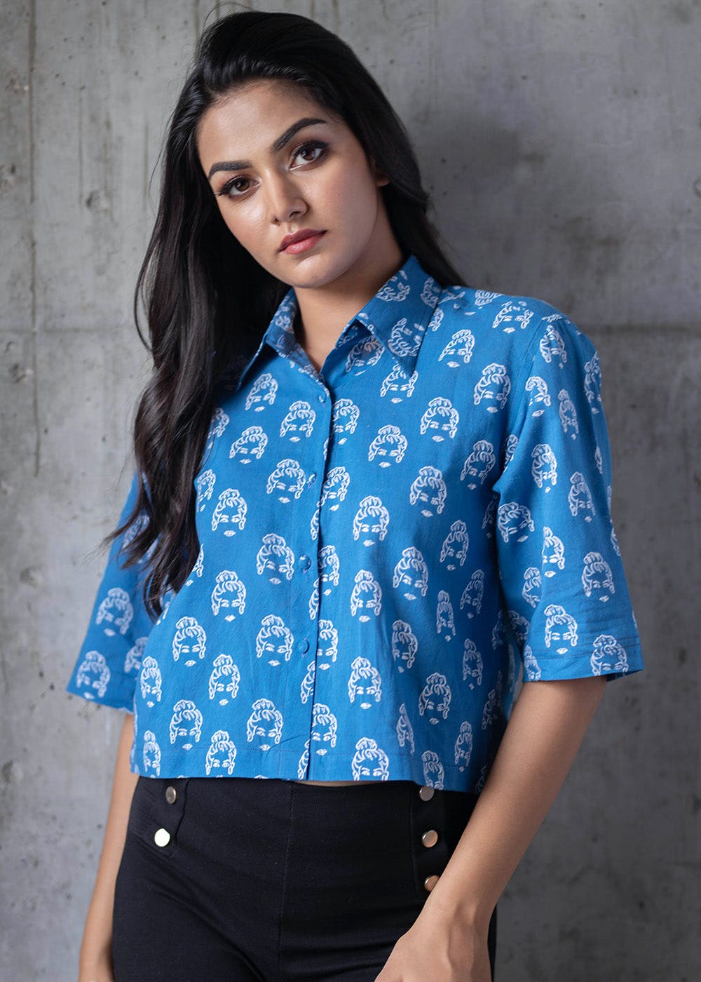 Get Contrast Girl Face Printed Blue Crop Shirt at ₹ 2650 | LBB Shop