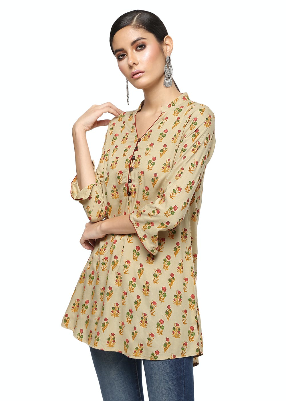 Get Beige Rayon Floral Block Print Tunic at ₹ 1200 | LBB Shop