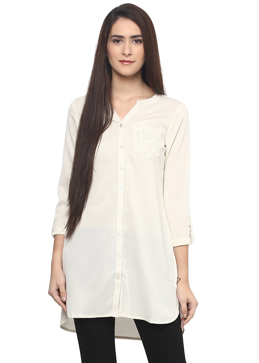 Get Lace Patch Pocket Detail Cream Button Down Tunic at ₹ 525 | LBB Shop