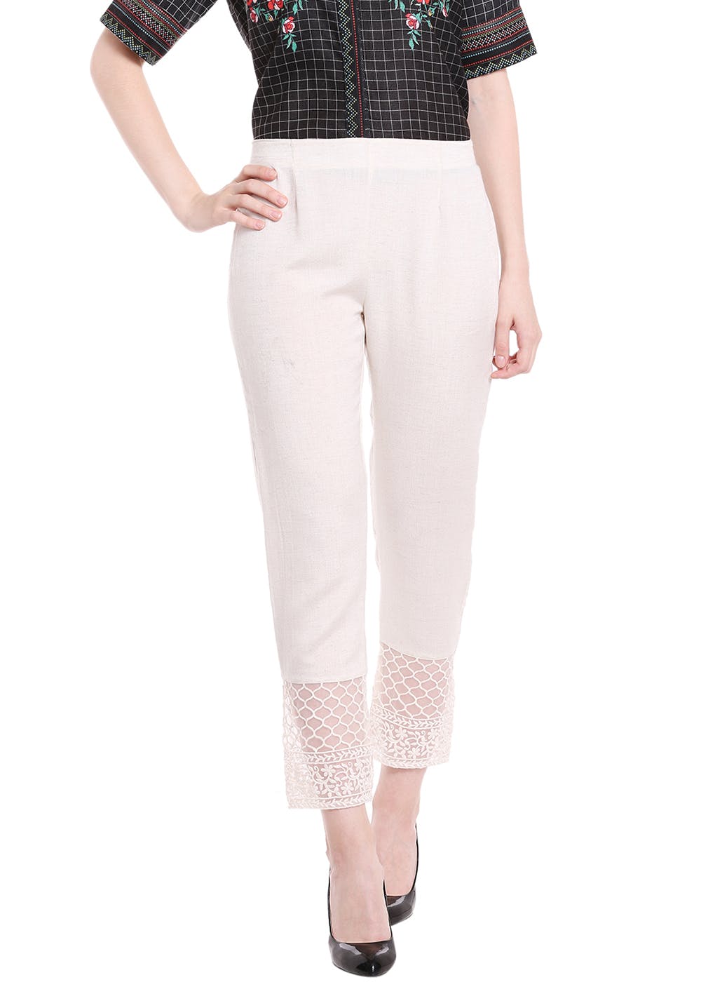 Buy White Cotton Pants With Grey Embroidery by Designer PINKSKY DESIGNS for  Women online at Ogaanmarketcom