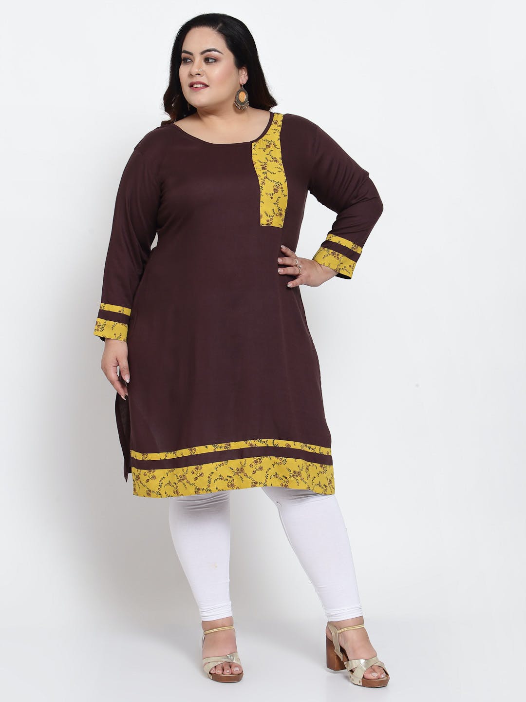 Printed Contrast Patch Detail Solid A-Line Kurta - Brown