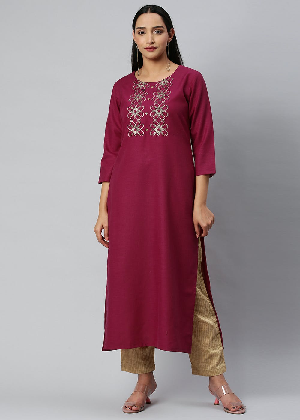 Get Fuchsia & Gold Yoke Embroidery Kurta at ₹ 999 | LBB Shop