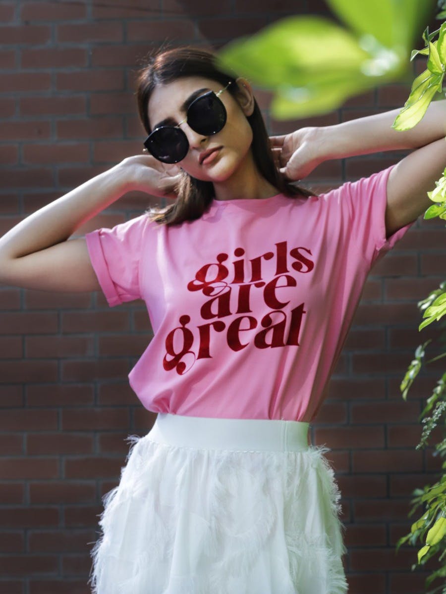 Get Pink Girls Are Great Crew Neck T Shirt at 990 LBB Shop