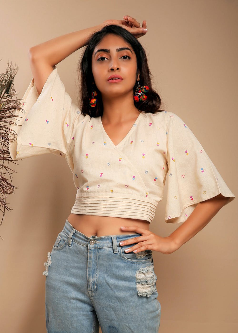 Get Kimono Sleeve Detail White Printed Cotton Slub Crop Top at ₹ 1650 | LBB  Shop