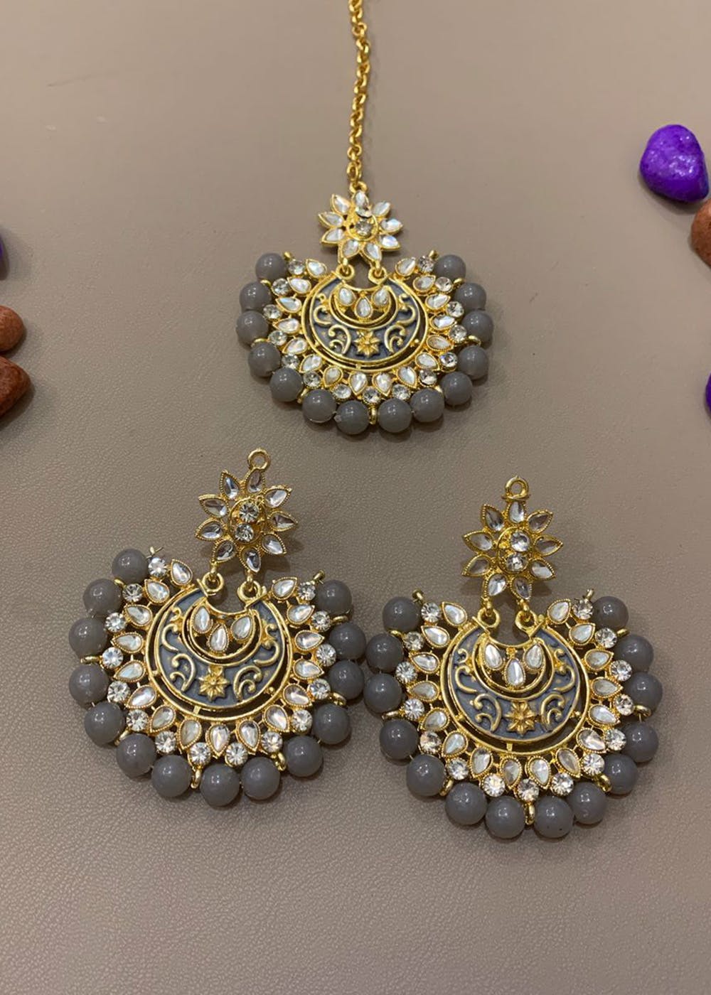 Traditional Earrings and Maang Tikka Set-Grey