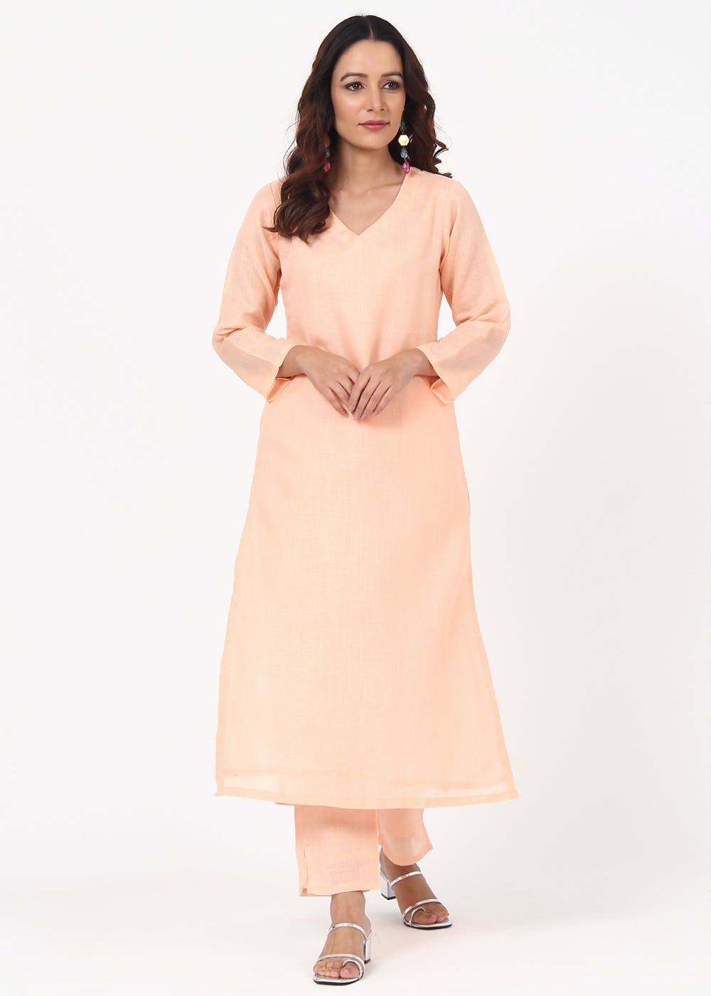 V-Neck Straight Kurta With Pants Set 