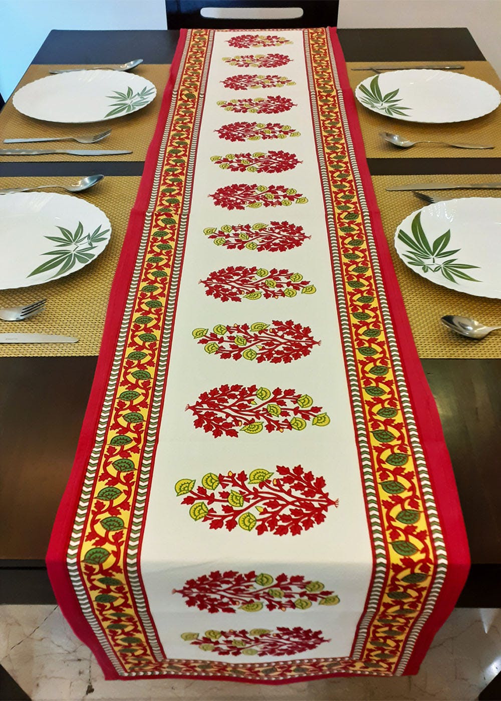 Get Hand Block Mughal Print Red Cotton Table Runner at ₹ 1100 LBB Shop