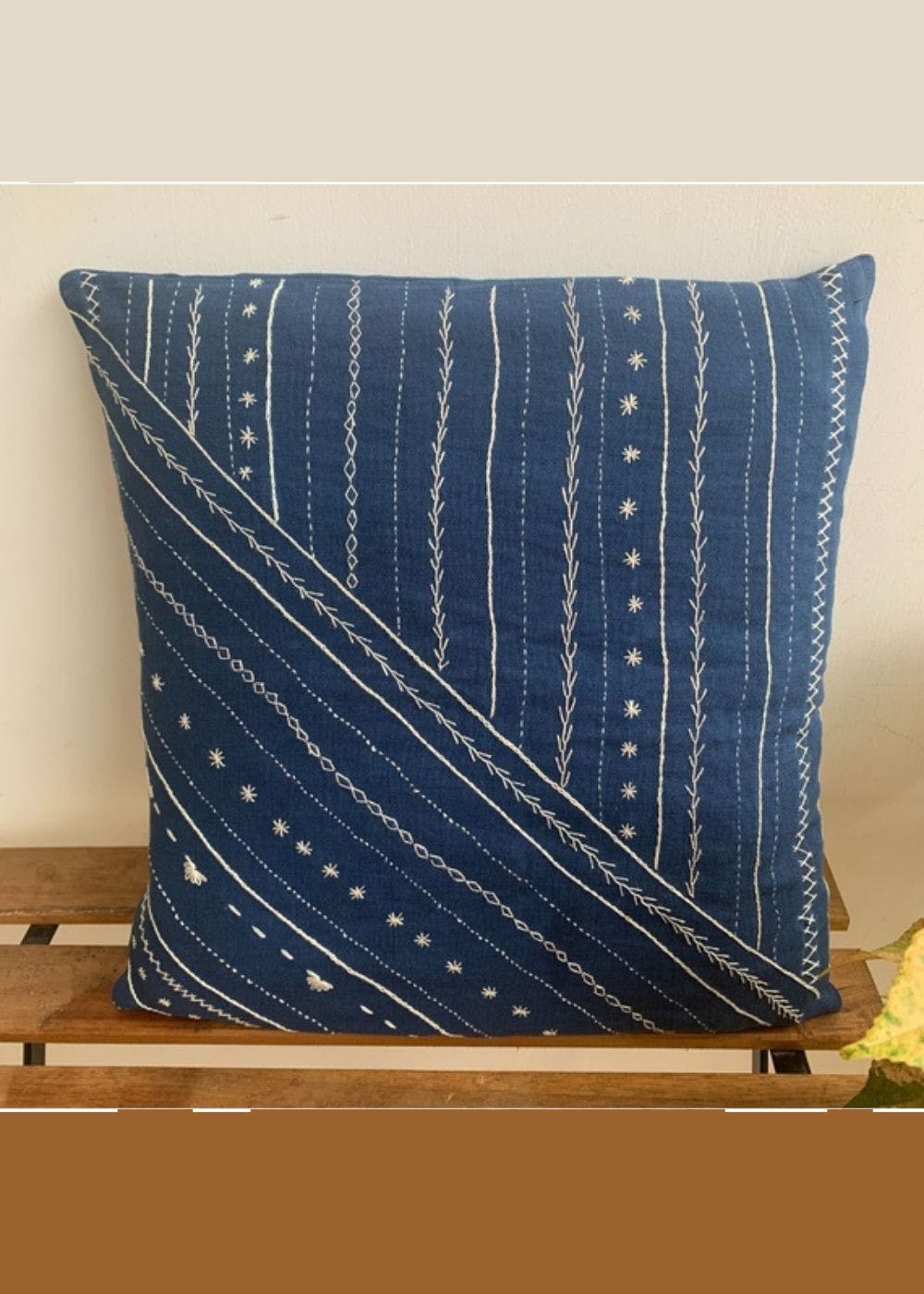 Get Indigo Geometric Hand Embroidered Cushion Cover at ₹ 750 LBB Shop