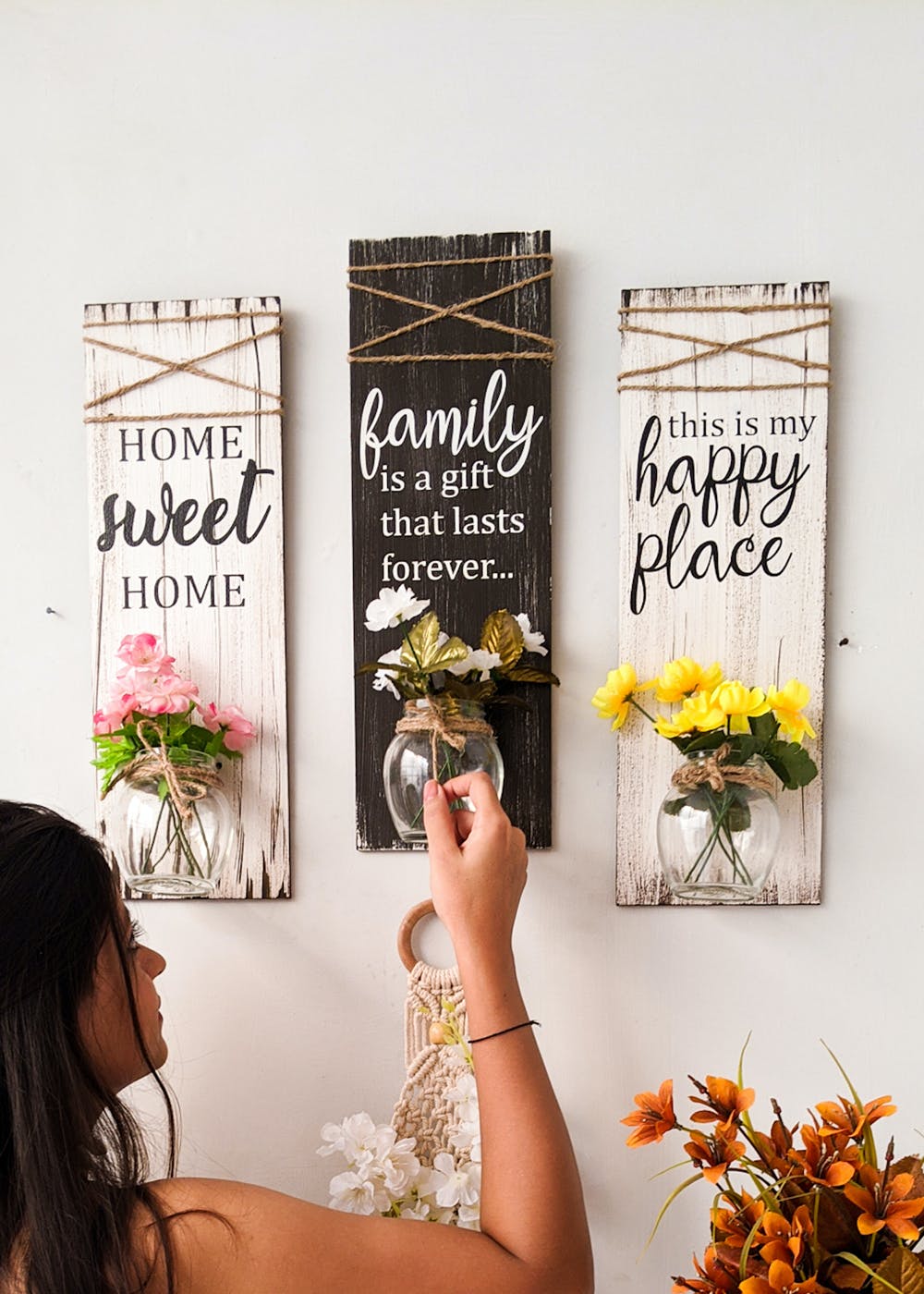 Home and Family' Wooden Wall Décor Set With Mason Jars | Set of Three