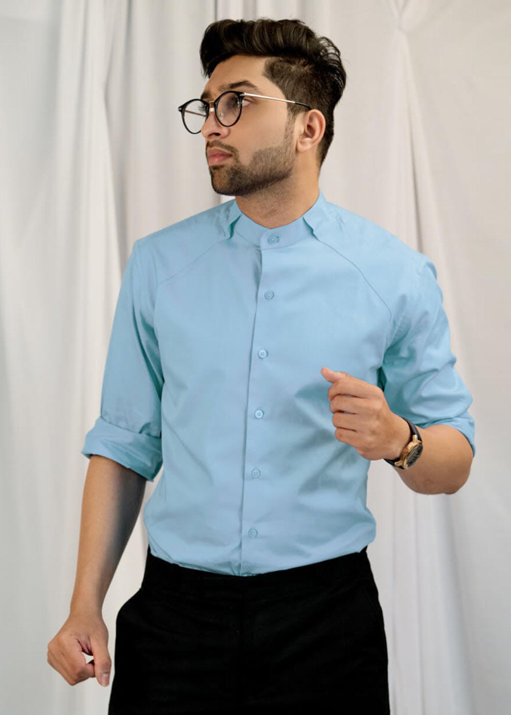 Get Overlapped Collar Detail Powder Blue Shirt at 1790 LBB Shop