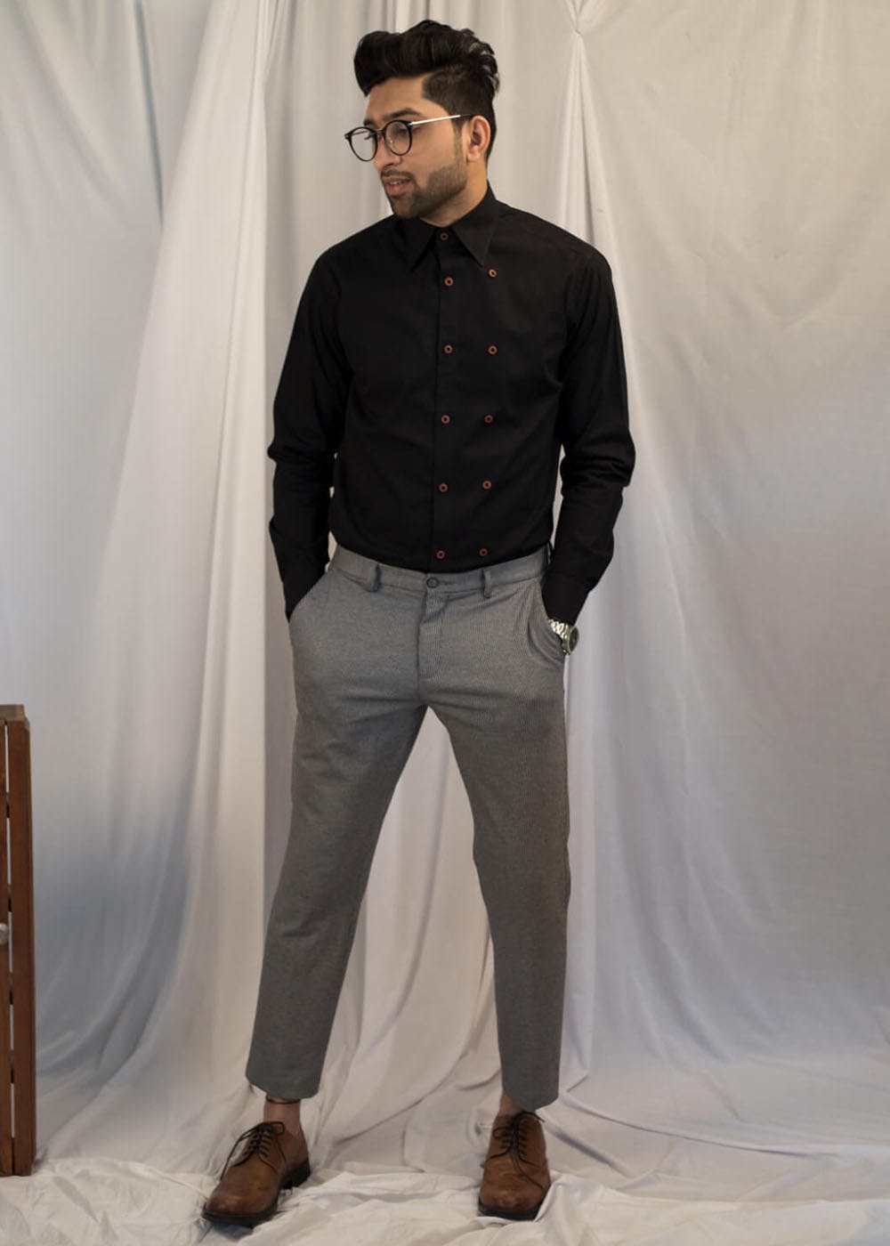 Get Double Breasted Classic Black Shirt 