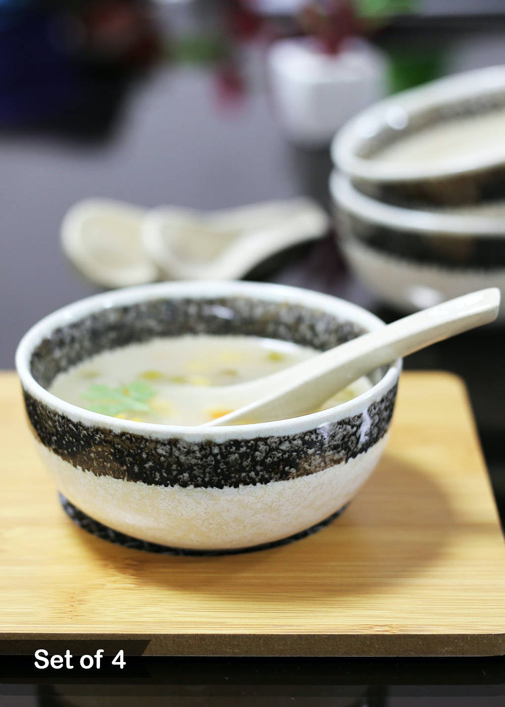 Get Pearl White Ceramic Soup Bowl with Spoon Set of 4 at ₹ 1495 LBB